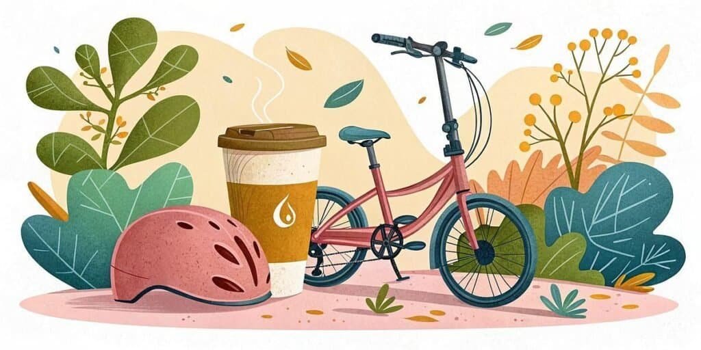 Eco-friendly bicycle with helmet and coffee cup surrounded by autumn leaves and plants.