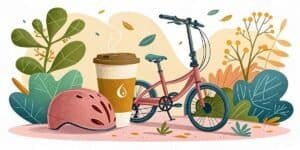 Eco-friendly bicycle with helmet and coffee cup surrounded by autumn leaves and plants.